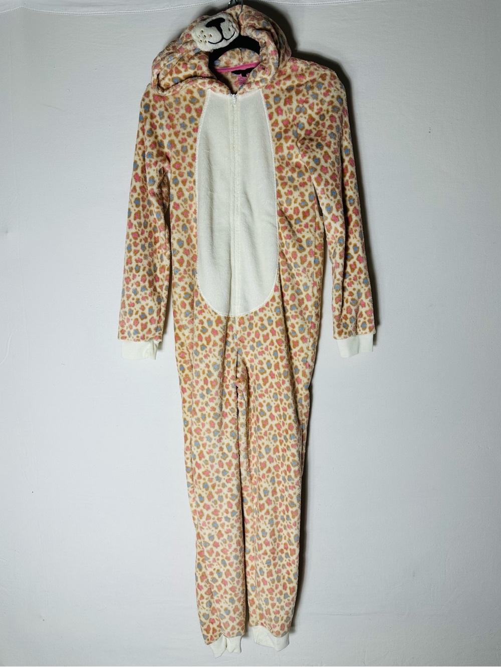 No Boundaries Pastel Cheetah Fleece Hooded Jumpsuit XS Cozy Cat Onesie NWT